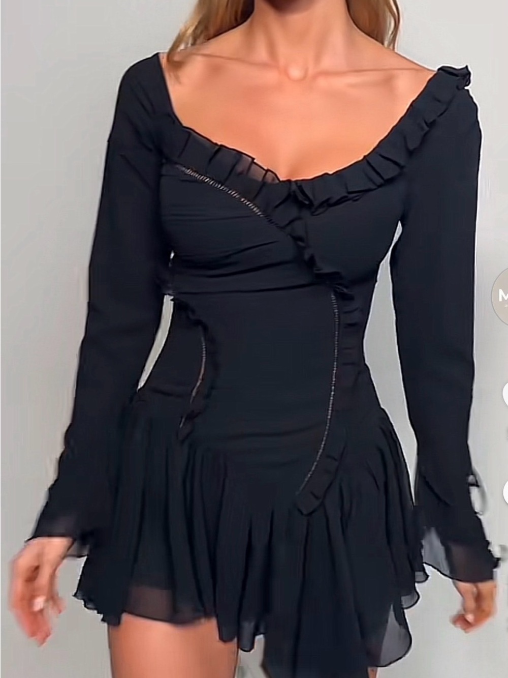 Black Ruffle-Trim Long Sleeve Mini Dress
